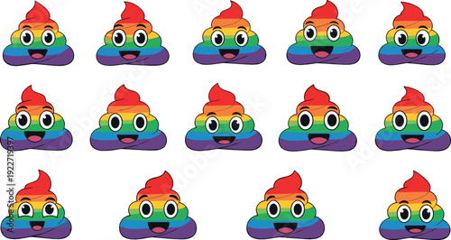 Rainbow poop emoji cartoon icon set flat vector collection of funny colorful pile characters isolated on light background