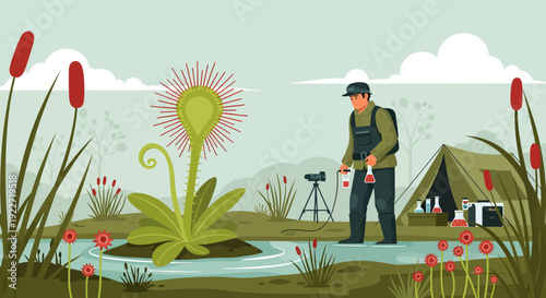 Botanist studying a large carnivorous sundew plant in its natural habitat.