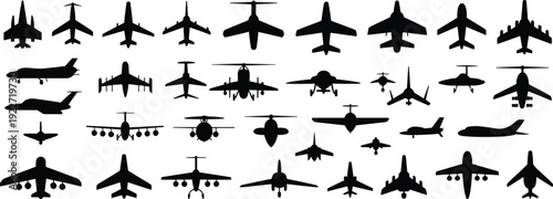 Airplane silhouette mega collection featuring military jets, cargo aircraft and passenger planes isolated on gray background for aviation vector design