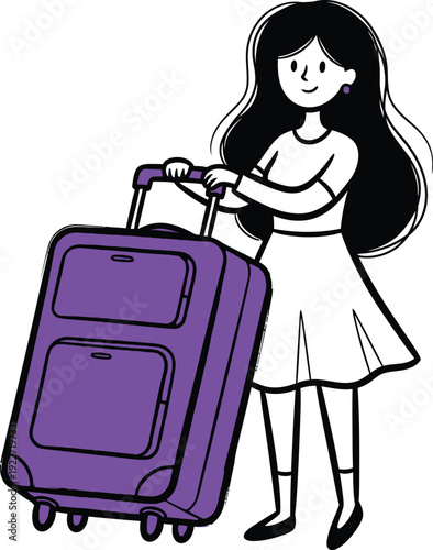Smiling Woman with Purple Rolling Luggage, Ready for Travel, Vacation, or a Business Trip Adventure