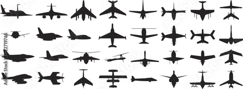 Aircraft silhouette collection featuring various military and passenger airplanes isolated on gray background for aviation vector illustration and design