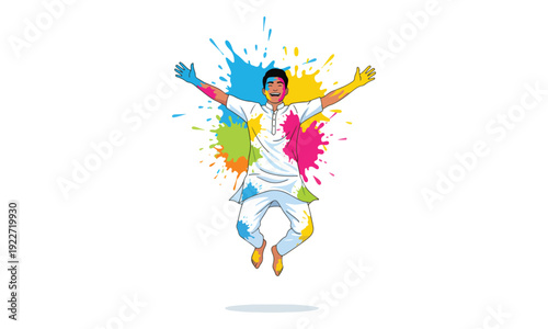Joyful Indian Man Jumping with Colorful Holi Paint Splashes