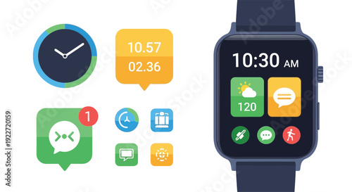 Smartwatch with app icons and digital clock interface on screen