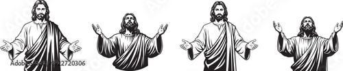 A silhouette of Jesus Christ collection, arms are outstretched upwards, palms open, multiple design, profile of Jesus Christ simple line art religious faith concept.