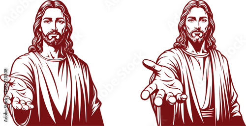 A red silhouette of Jesus Christ collection, body and one outstretched hand profile of Jesus Christ simple line art religious faith concept.