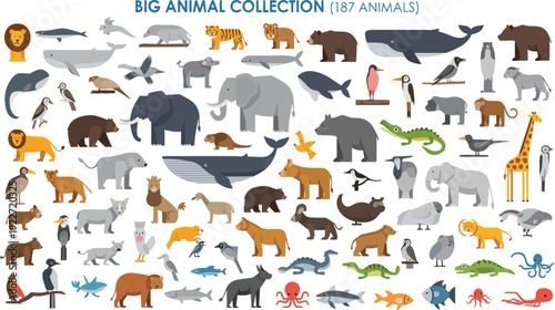 Big Animal Collection Vector Set Featuring Wild, Marine and Farm Animals Flat Illustration Isolated on White Background