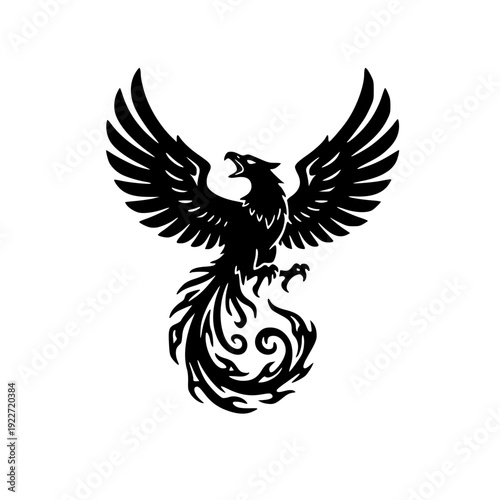 Flying Phoenix Bird Black Silhouette Tribal Style Vector Illustration