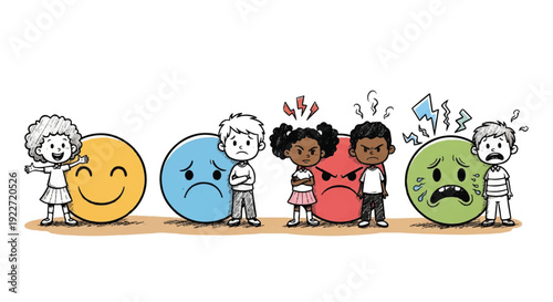 Children Expressing Different Emotions with Matching Emoji Symbols Illustration