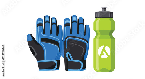 Blue sports gloves and green water bottle for fitness and hydration