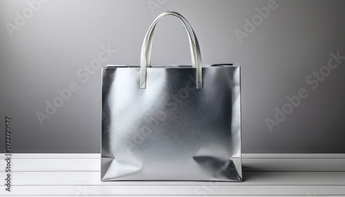 blank silver shopping bag with smooth satin ribbon handles placed neatly on a white background photographed in soft light to highlight the metallic texture and clean minimal retail aesthetic