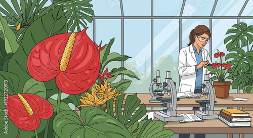 Female botanist conducting plant research in a greenhouse.
