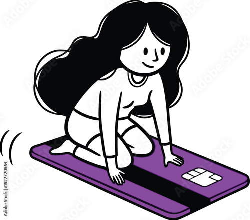 Dynamic illustration of a smiling young woman kneeling on a large purple credit card, symbolizing fast digital payments, online shopping, and modern financial transactions