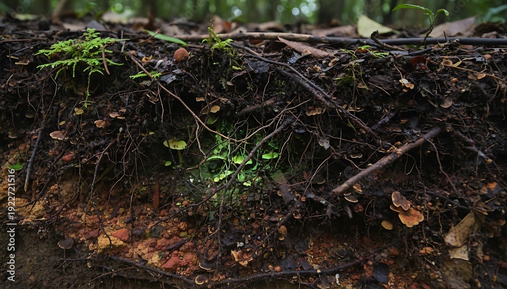 Obraz premium Small green plants growing from a layer of soil and decaying leaves.