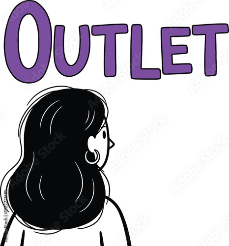 Woman Looking Towards 'Outlet' Sign Illustration for Discount Shopping Destination