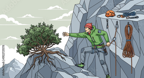 Male rock climber reaching for a tree on a steep mountain face.