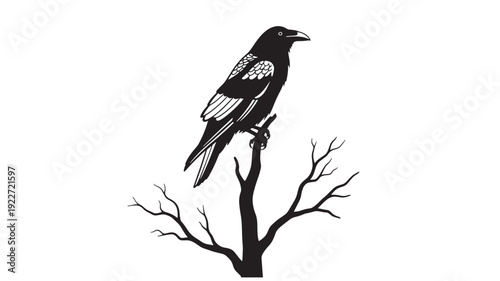 Black raven perched on bare tree branch vector illustration