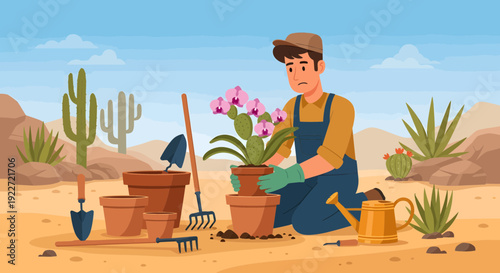 Man gardening in desert landscape with potted orchid.