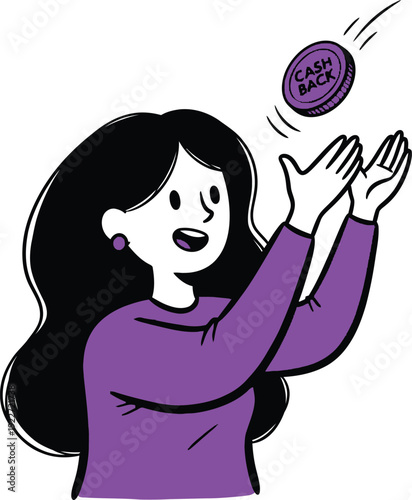 Rewarding Financial Incentives Illustration: Enthusiastic Woman Catching a "Cash Back" Coin, Symbolizing Returns and Savings.
