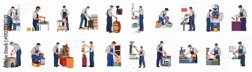 Collection of illustrations depicting coffee production, from roasting beans to packaging, showcasing various stages of coffee making by workers.