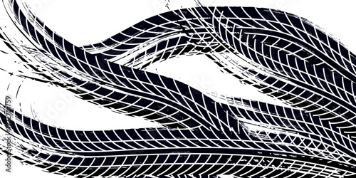 Tire tread marks, drift, motorsport, motocross, rally, tread mark with skid, grinding, splash effect. Graphic set of tire treads, wheel texture, car racing. Vector collection, wheel treads on asphalt