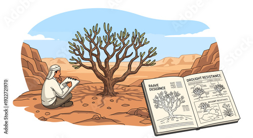 Man studying a desert tree with a botanical book.
