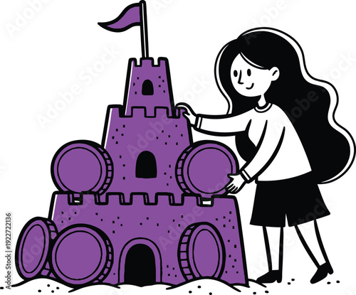 Young Woman Building a Grand Purple Sandcastle with Coins and Flag - Financial Growth and Savings Concept Illustration
