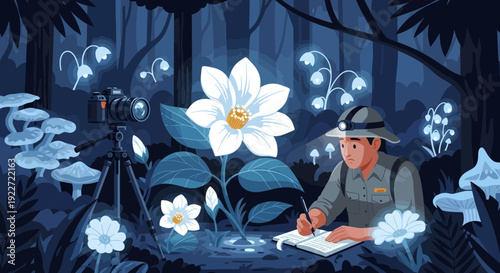 Park Ranger Documenting Bioluminescent Flora in a Mystical Forest.