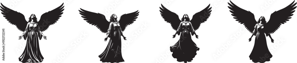 Fototapeta premium A silhouette of an angel with large feathered wings silhouette, multiple angels, standing various poses.