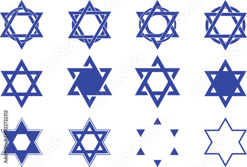 A clipart of blue color David Jewish star collection, different shapes, religious symbol  Vector art.
