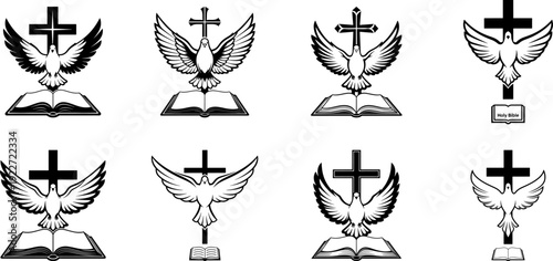 A silhouette of cross, dove and open bible Christian symbolism collection, multiple design, religious faith concept