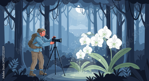 Photographer capturing glowing white orchids in a mystical forest at night.