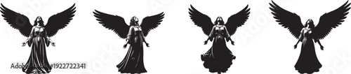 A silhouette of an angel with large feathered wings silhouette, multiple angels, standing various poses.