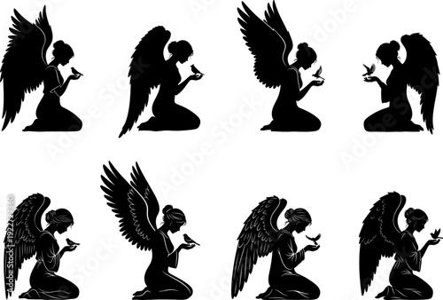 A silhouette of an angel with large feathered wings silhouette, holding a small bird in her hands, featuring multiple angels, bun hair style.