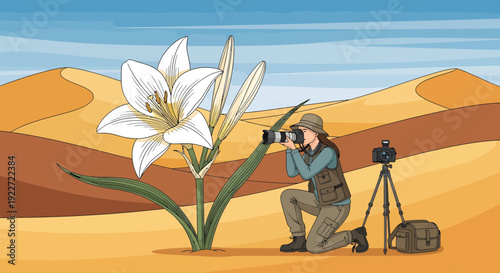 Photographer capturing the beauty of a desert lily in its natural habitat.