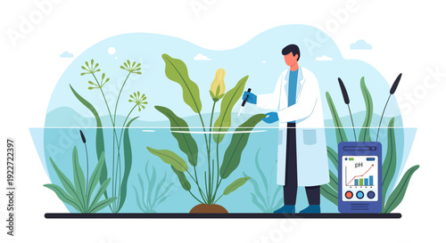 Scientist conducting aquatic plant research and water quality analysis.