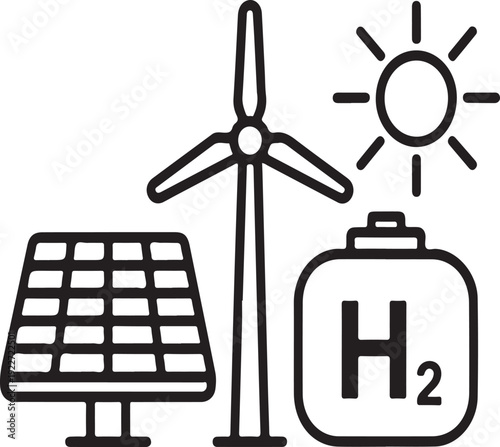 Renewable energy sources wind solar and hydrogen fuel are depicted - A line-art graphic showcasing wind, solar, and hydrogen energy sources for sustainability.