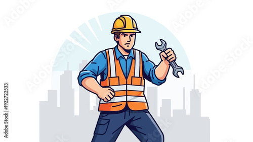 Confident construction worker holding a wrench with city skyline background.