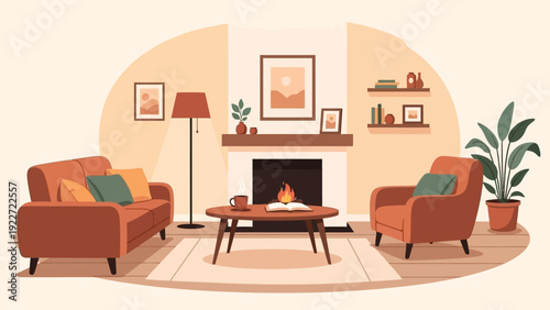 Cozy living room interior with fireplace and comfortable furniture.