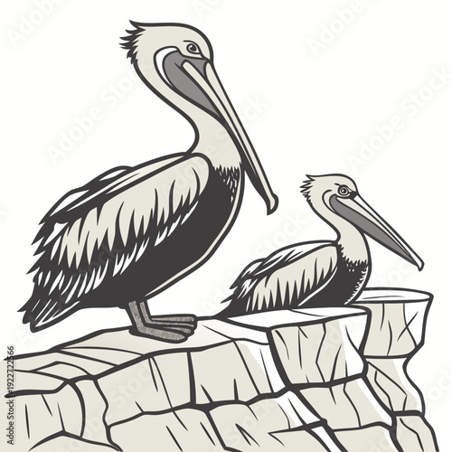 Two pelicans perched on a stone wall looking around