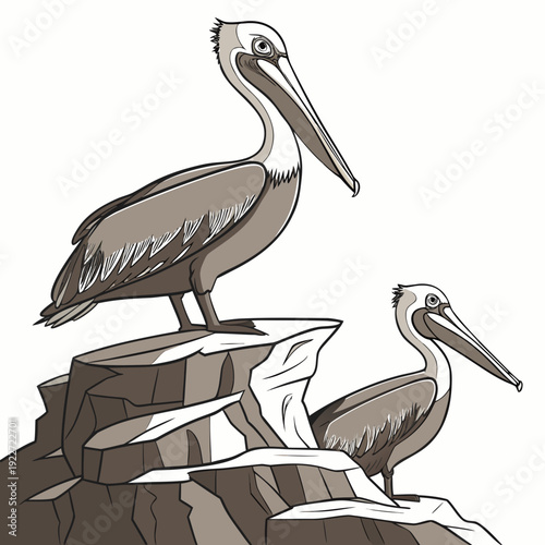 Two pelicans standing on a tree stump by the water