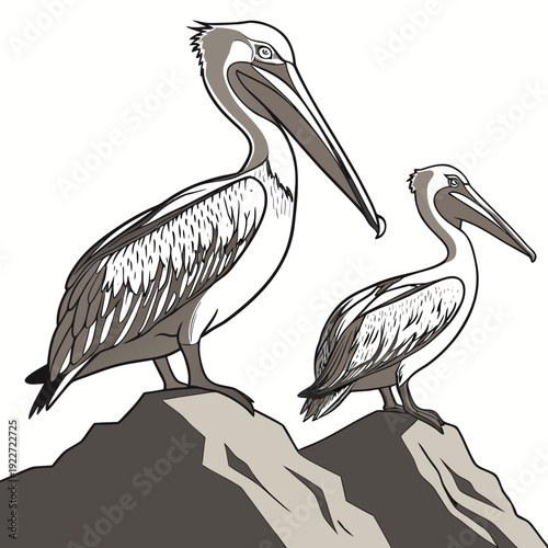 Two pelicans standing on a rock formation