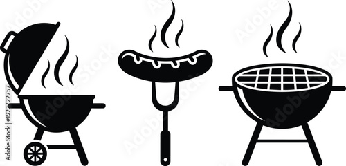 Barbecue grill silhouette collection featuring kettle grill, sausage on fork and charcoal barbecue isolated on gray background for cooking design