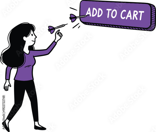 Energetic woman hitting an "ADD TO CART" speech bubble with a dart, symbolizing online shopping, e-commerce, and purchase action