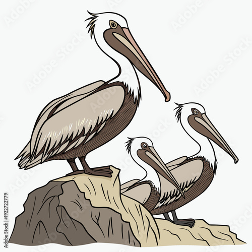 Three pelicans perched on a rocky outcrop