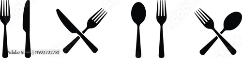 Dining utensils silhouette illustration, fork knife spoon icons, black and white vector, crossed cutlery design, food symbol, restaurant graphic, culinary art drawing