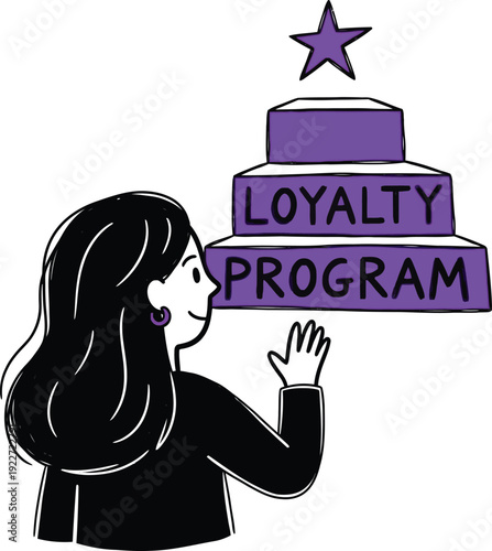 Smiling woman looking at a tiered loyalty program with a star, representing customer rewards and exclusive benefits system