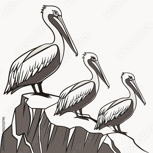 Three pelicans perched on a rocky cliffside