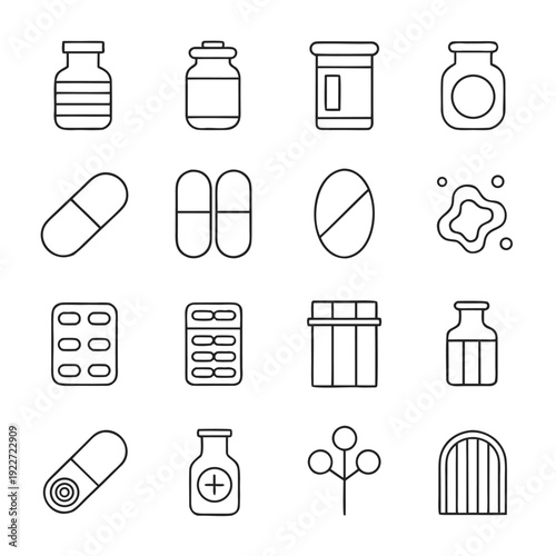 Collection of black and white line of medicine bottles, pills, and medical symbols