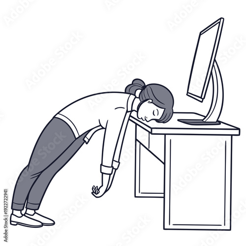 Person resting head on desk with crutch beside them