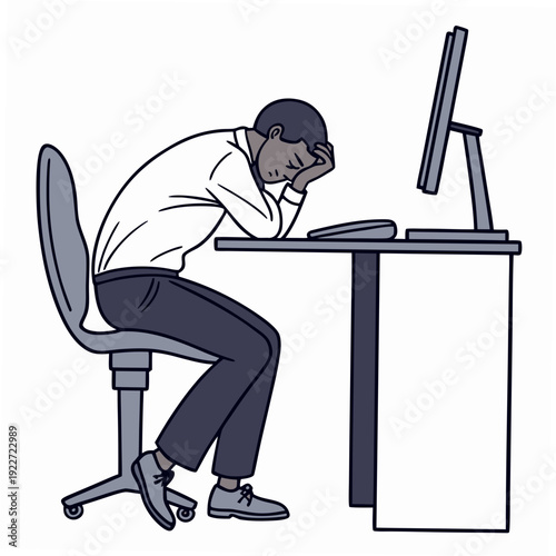 A man sitting at a desk looking stressed and tired